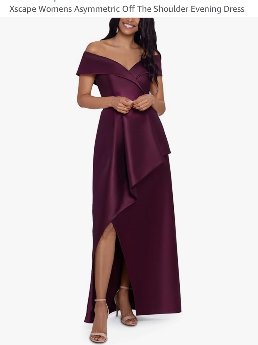 Xscape Asymmetrical Off-Shoulder Evening Gown in Plum